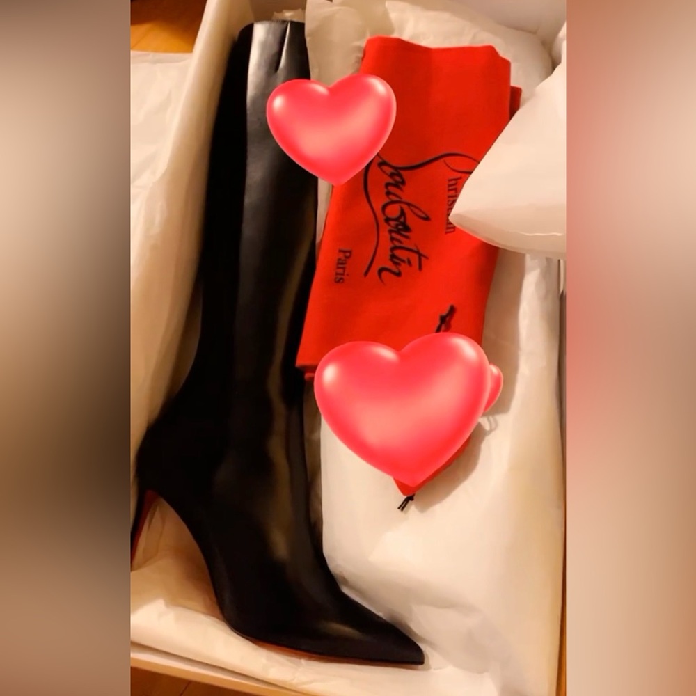 Christian Louboutin Black Patent Knee-High Boots with Red Dust Bag Accent